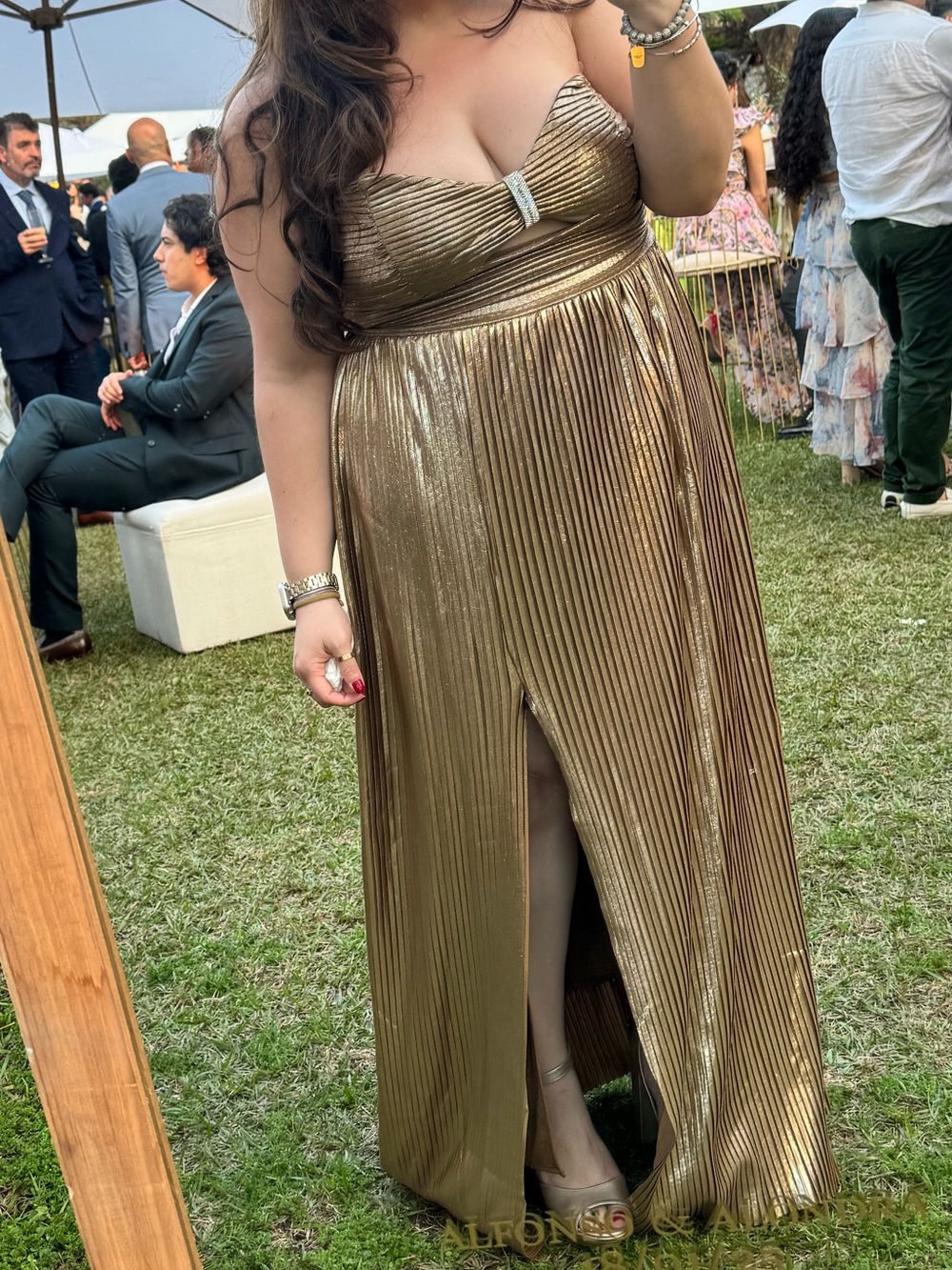 Emerald Sundae Metallic Gold Strapless Pleated Maxi Dress